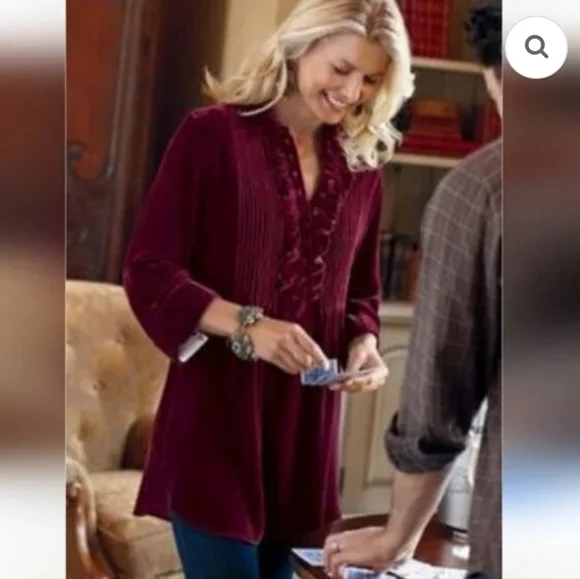 Soft Surroundings Women's Burgundy Velvet Ruffle Pintuck Silk Blend Top. Sz L - Picture 2 of 10